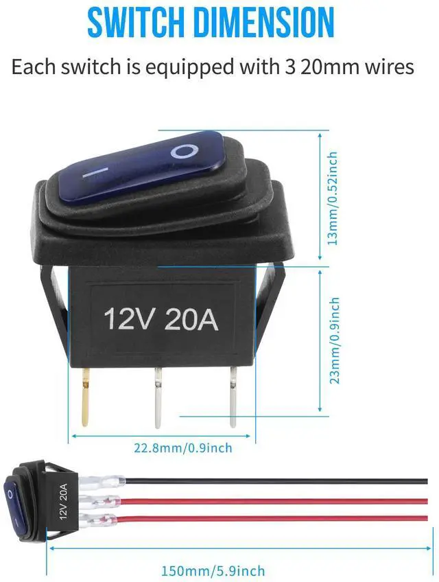 Alt view image 6 of 7 - 12v Rocker Switch Waterproof 5 PCS - 12 Volt Toggle Switch with 3 20cm Detachable Wires, SPST 3 Pin On Off Switches Snap-in Design Square Switch with Blue LED Light for Car Boat Marine RV Truck KCD3
