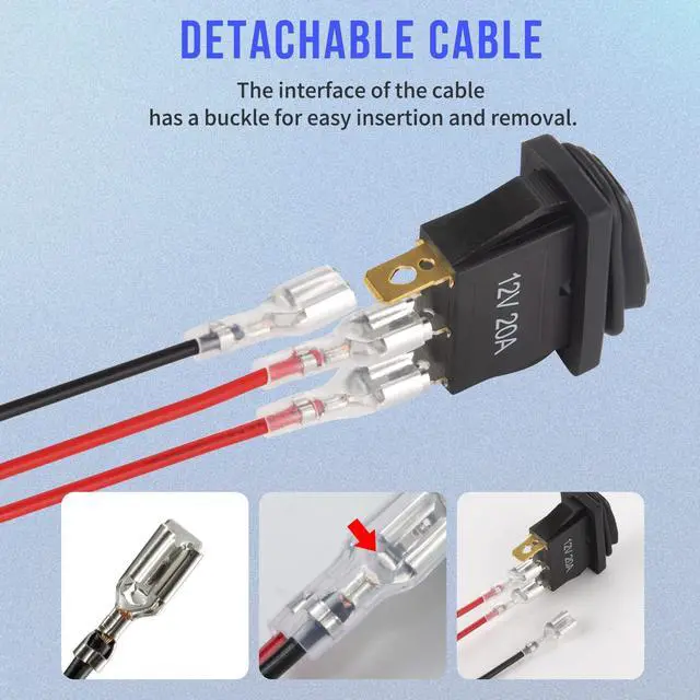 Alt view image 4 of 7 - 12v Rocker Switch Waterproof 5 PCS - 12 Volt Toggle Switch with 3 20cm Detachable Wires, SPST 3 Pin On Off Switches Snap-in Design Square Switch with Blue LED Light for Car Boat Marine RV Truck KCD3
