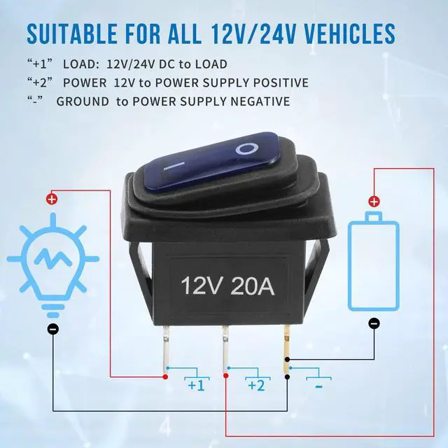 Alt view image 5 of 7 - 12v Rocker Switch Waterproof 5 PCS - 12 Volt Toggle Switch with 3 20cm Detachable Wires, SPST 3 Pin On Off Switches Snap-in Design Square Switch with Blue LED Light for Car Boat Marine RV Truck KCD3