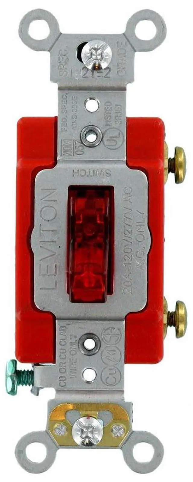 Main image of Extra Heavy Duty Grade, Self Grounding, 20 Amp, 120 Volt, Single-Pole AC Illuminated Toggle Switch, 1221-LHR, Red