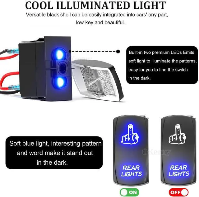 Alt view image 3 of 6 - Rocker Switch Rear Lights-Finger,Laser Etched Toggle Switch ON/Off SPST 5Pin 12V 24V Switch Jumper Wires for Cars Trucks Caravans Marine Boat ATV UTV RV (Blue)