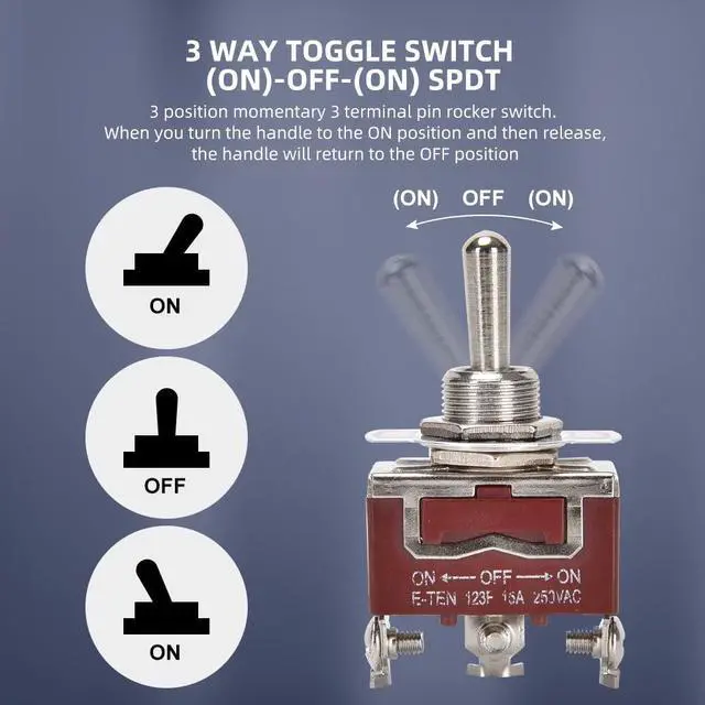 Alt view image 3 of 6 - Waterproof Momentary Toggle Switch (ON)-Off-(ON) 30A 12VDC/15A 250VAC DC Marine SPDT Switch 3 Way with Weatherproof Boot Cap Cover for Car Auto Boat (Pack of 5)