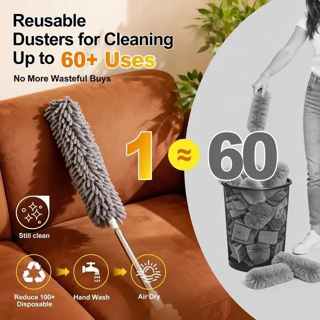 Alt view image 4 of 7 - Microfiber Feather Duster 5-in-1 Kit, Dusters for Cleaning, Duster with Extension Pole 100 Inches, Cobweb Duster, Microfiber Dusters for High Ceilings and Fans, Blinds, Cars and Furniture