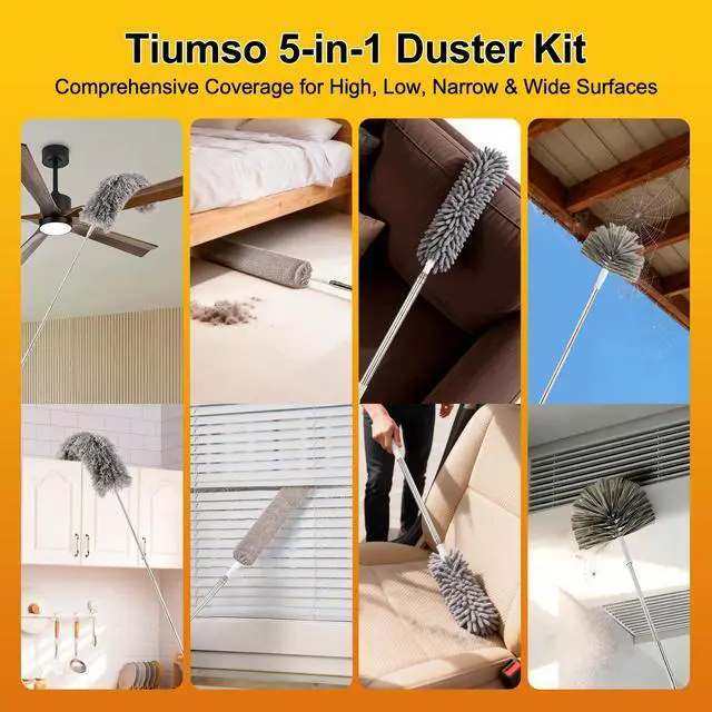 Alt view image 6 of 7 - Microfiber Feather Duster 5-in-1 Kit, Dusters for Cleaning, Duster with Extension Pole 100 Inches, Cobweb Duster, Microfiber Dusters for High Ceilings and Fans, Blinds, Cars and Furniture