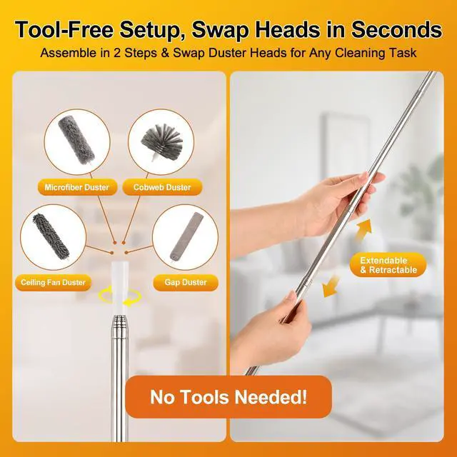 Alt view image 7 of 7 - Microfiber Feather Duster 5-in-1 Kit, Dusters for Cleaning, Duster with Extension Pole 100 Inches, Cobweb Duster, Microfiber Dusters for High Ceilings and Fans, Blinds, Cars and Furniture