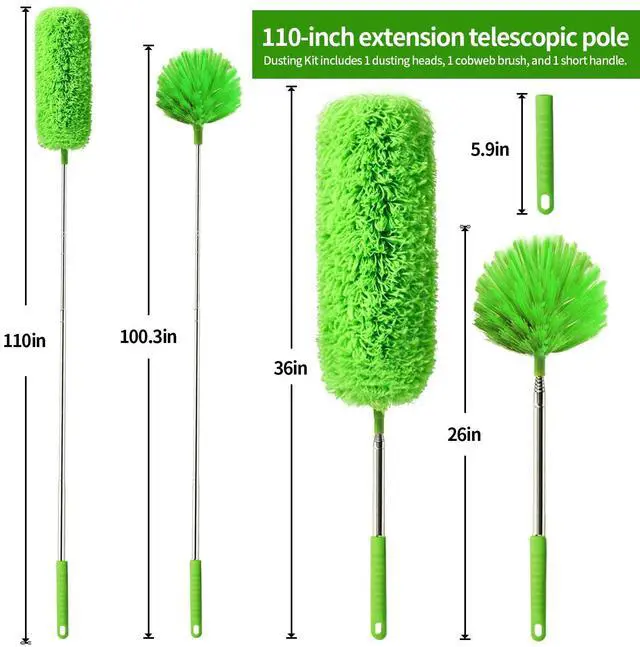 Alt view image 2 of 7 - Cobweb Duster with Extension Pole, Washable Cleaning Duster Set with 2 Duster Heads, Corner Brush, 15-110-Inch Telescoping Pole for high Ceiling Fans, Long Duster for high CeilingsSpider Web Brush