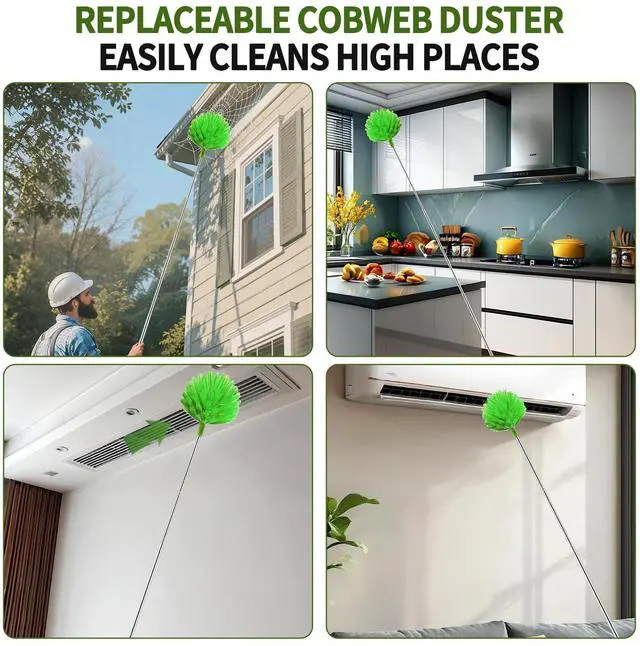 Alt view image 3 of 7 - Cobweb Duster with Extension Pole, Washable Cleaning Duster Set with 2 Duster Heads, Corner Brush, 15-110-Inch Telescoping Pole for high Ceiling Fans, Long Duster for high CeilingsSpider Web Brush