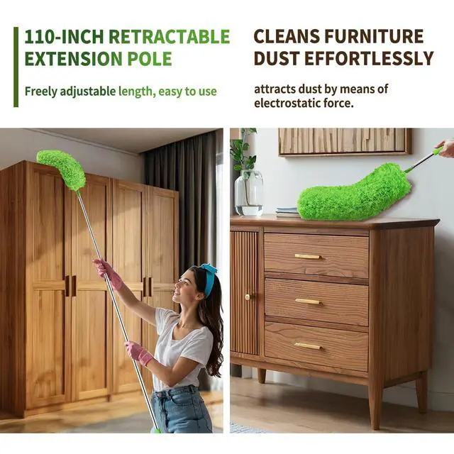 Alt view image 5 of 7 - Cobweb Duster with Extension Pole, Washable Cleaning Duster Set with 2 Duster Heads, Corner Brush, 15-110-Inch Telescoping Pole for high Ceiling Fans, Long Duster for high CeilingsSpider Web Brush