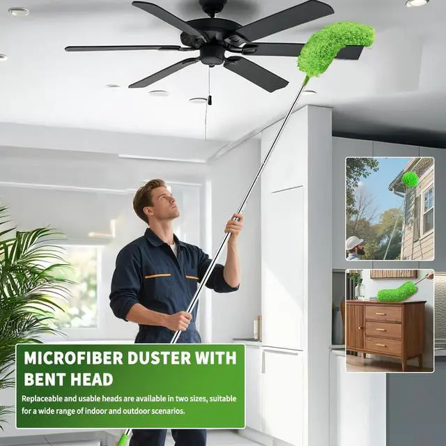 Alt view image 6 of 7 - Cobweb Duster with Extension Pole, Washable Cleaning Duster Set with 2 Duster Heads, Corner Brush, 15-110-Inch Telescoping Pole for high Ceiling Fans, Long Duster for high CeilingsSpider Web Brush