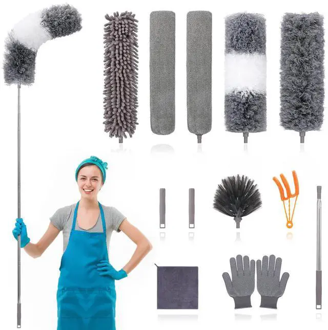 Main image of 12pcs Microfiber Dusters, Duster with Extension Pole(Stainless Steel) 30 to 100'', Washable Dusters, Bendable Extendable Long Feather Duster for Cleaning Fan, High Ceiling, Blinds, Furniture, Cars