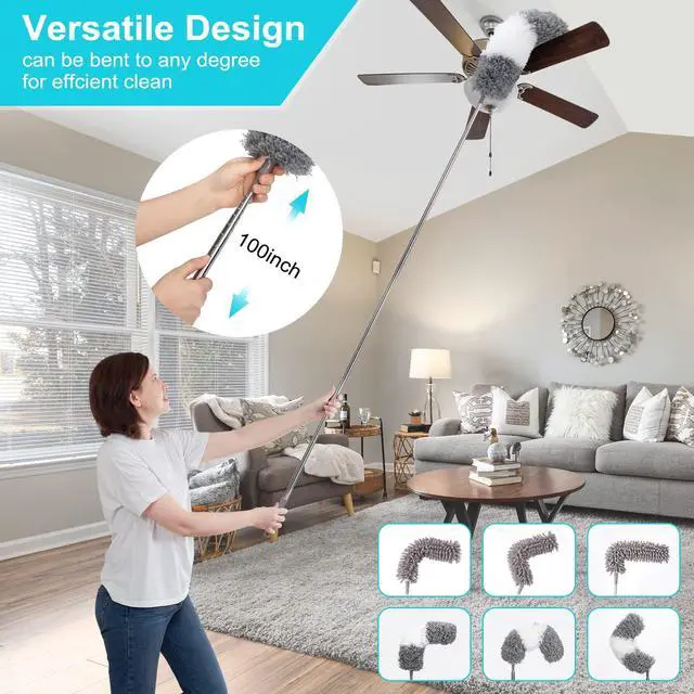Alt view image 2 of 7 - 12pcs Microfiber Dusters, Duster with Extension Pole(Stainless Steel) 30 to 100'', Washable Dusters, Bendable Extendable Long Feather Duster for Cleaning Fan, High Ceiling, Blinds, Furniture, Cars