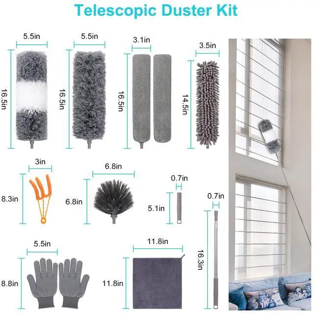 Alt view image 3 of 7 - 12pcs Microfiber Dusters, Duster with Extension Pole(Stainless Steel) 30 to 100'', Washable Dusters, Bendable Extendable Long Feather Duster for Cleaning Fan, High Ceiling, Blinds, Furniture, Cars