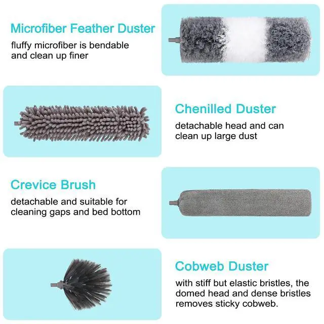 Alt view image 4 of 7 - 12pcs Microfiber Dusters, Duster with Extension Pole(Stainless Steel) 30 to 100'', Washable Dusters, Bendable Extendable Long Feather Duster for Cleaning Fan, High Ceiling, Blinds, Furniture, Cars