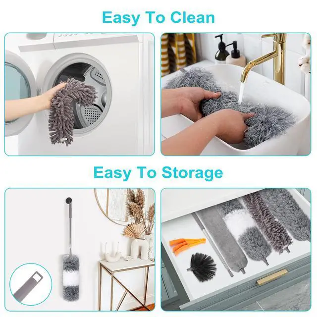 Alt view image 5 of 7 - 12pcs Microfiber Dusters, Duster with Extension Pole(Stainless Steel) 30 to 100'', Washable Dusters, Bendable Extendable Long Feather Duster for Cleaning Fan, High Ceiling, Blinds, Furniture, Cars