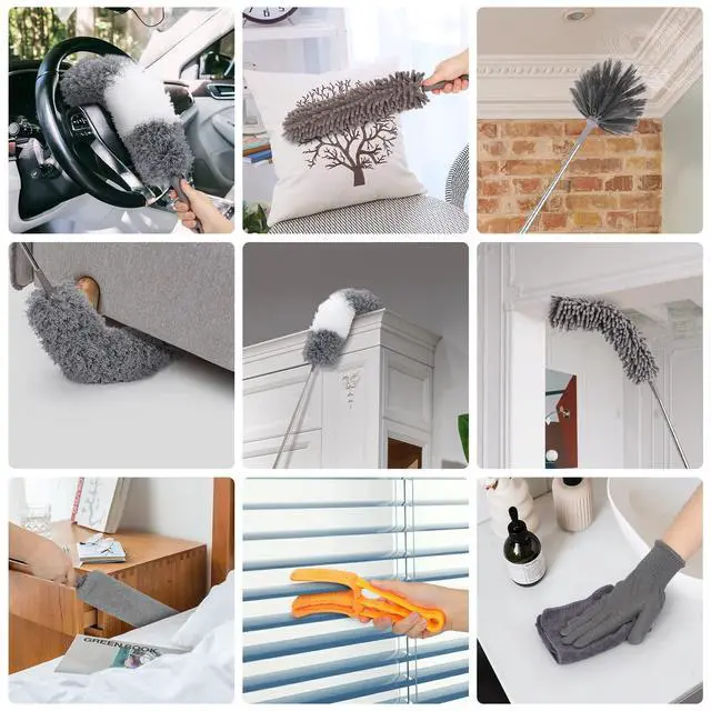 Alt view image 6 of 7 - 12pcs Microfiber Dusters, Duster with Extension Pole(Stainless Steel) 30 to 100'', Washable Dusters, Bendable Extendable Long Feather Duster for Cleaning Fan, High Ceiling, Blinds, Furniture, Cars