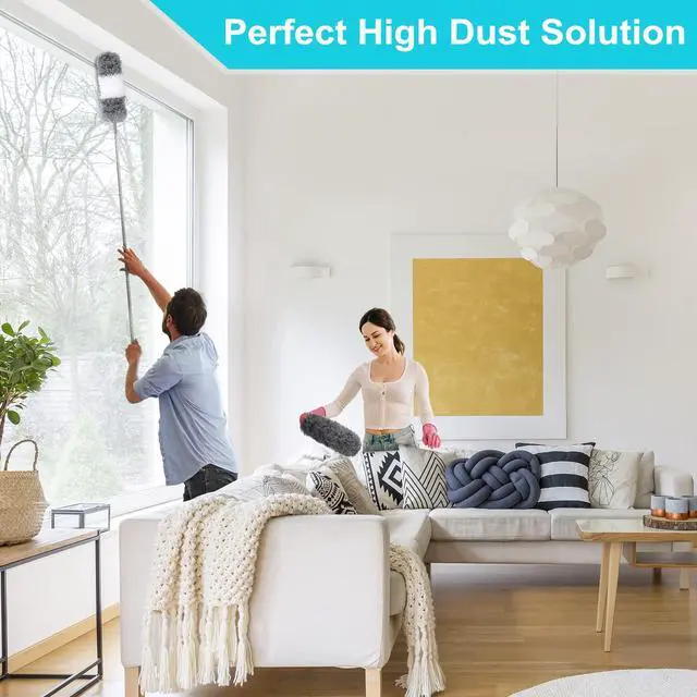 Alt view image 7 of 7 - 12pcs Microfiber Dusters, Duster with Extension Pole(Stainless Steel) 30 to 100'', Washable Dusters, Bendable Extendable Long Feather Duster for Cleaning Fan, High Ceiling, Blinds, Furniture, Cars