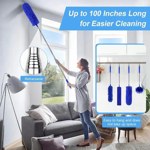 Alt view image 5 of 7 - 5-in-1 Kit Dusters for Cleaning, Duster with Extension Pole, Extendable Duster with 100 Inches, Microfiber Dusters, Webster Cobweb Duster for Cleaning Ceiling Fans, Furniture, Blinds - Blue
