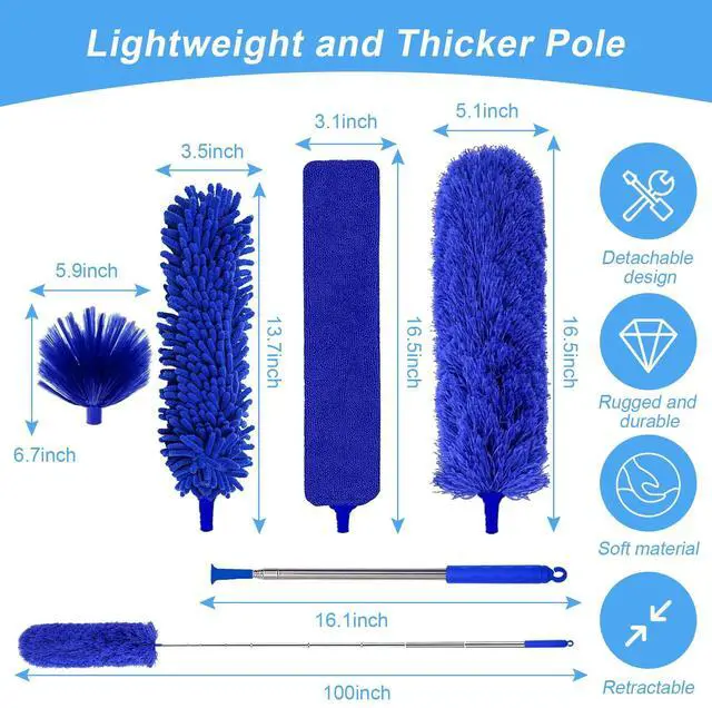 Alt view image 3 of 7 - 5-in-1 Kit Dusters for Cleaning, Duster with Extension Pole, Extendable Duster with 100 Inches, Microfiber Dusters, Webster Cobweb Duster for Cleaning Ceiling Fans, Furniture, Blinds - Blue