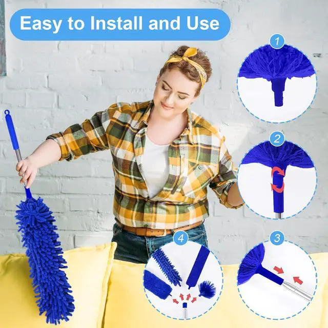 Alt view image 2 of 7 - 5-in-1 Kit Dusters for Cleaning, Duster with Extension Pole, Extendable Duster with 100 Inches, Microfiber Dusters, Webster Cobweb Duster for Cleaning Ceiling Fans, Furniture, Blinds - Blue