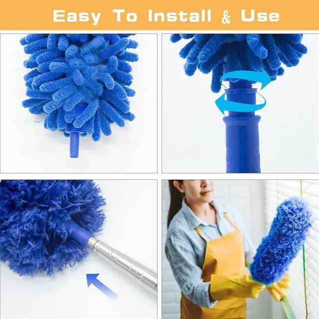 Alt view image 4 of 7 - Professional Microfibre Dusters for Cleaning - Extendable 30-81" Cobweb Remover Kit with 3 Washable Heads, Bendable Design for High Ceilings, Fans & Hard-to-Reach Areas