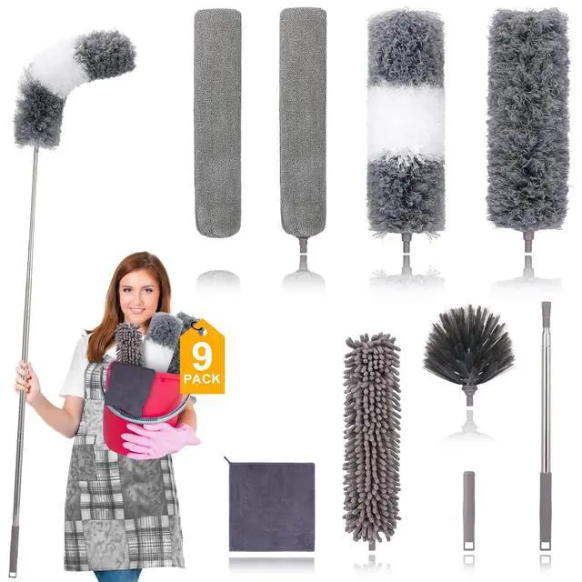 Main image of Microfiber Duster for Cleaning Fan, High Ceiling, Blinds, Furniture, Cars , 9PCS Extendable Feather Duster (Stainless Steel) 30 to 100 Inches, Reusable Bendable Washable