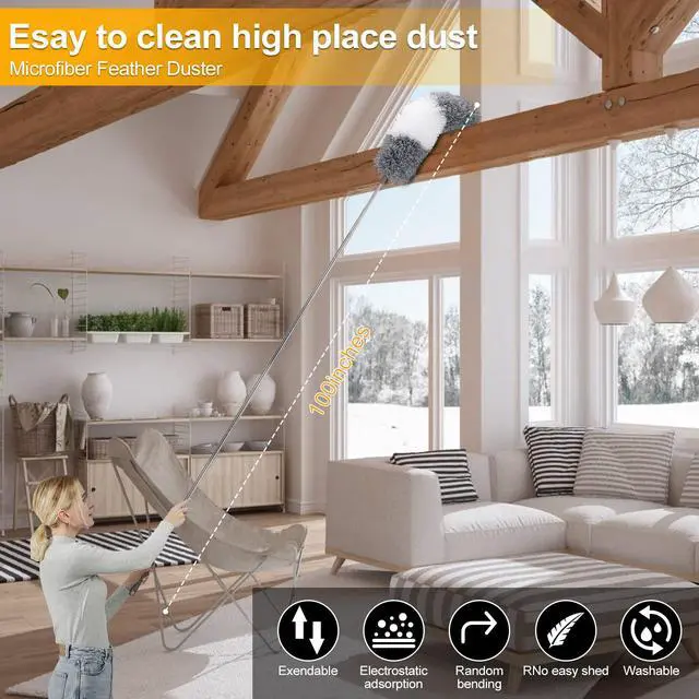Alt view image 2 of 7 - Microfiber Duster for Cleaning Fan, High Ceiling, Blinds, Furniture, Cars , 9PCS Extendable Feather Duster (Stainless Steel) 30 to 100 Inches, Reusable Bendable Washable