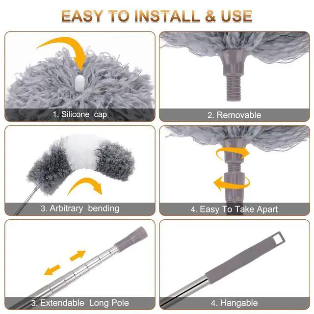 Alt view image 4 of 7 - Microfiber Duster for Cleaning Fan, High Ceiling, Blinds, Furniture, Cars , 9PCS Extendable Feather Duster (Stainless Steel) 30 to 100 Inches, Reusable Bendable Washable