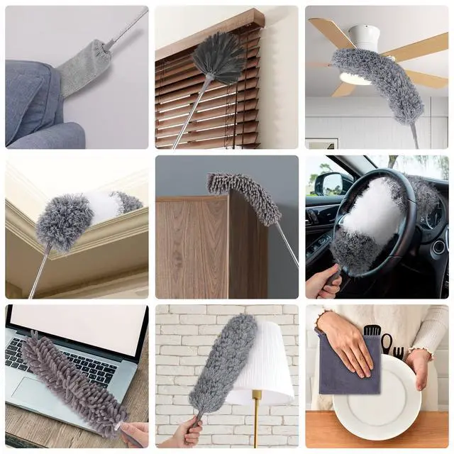 Alt view image 7 of 7 - Microfiber Duster for Cleaning Fan, High Ceiling, Blinds, Furniture, Cars , 9PCS Extendable Feather Duster (Stainless Steel) 30 to 100 Inches, Reusable Bendable Washable