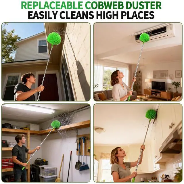 Alt view image 4 of 7 - Cobweb Duster with Extension Pole, Washable Cleaning Duster Kit with 3 Duster Heads, Cobweb Duster, Corner Brush, Aluminum Telescoping Pole for high Ceiling FanSpider Web Brush with Extension Pole