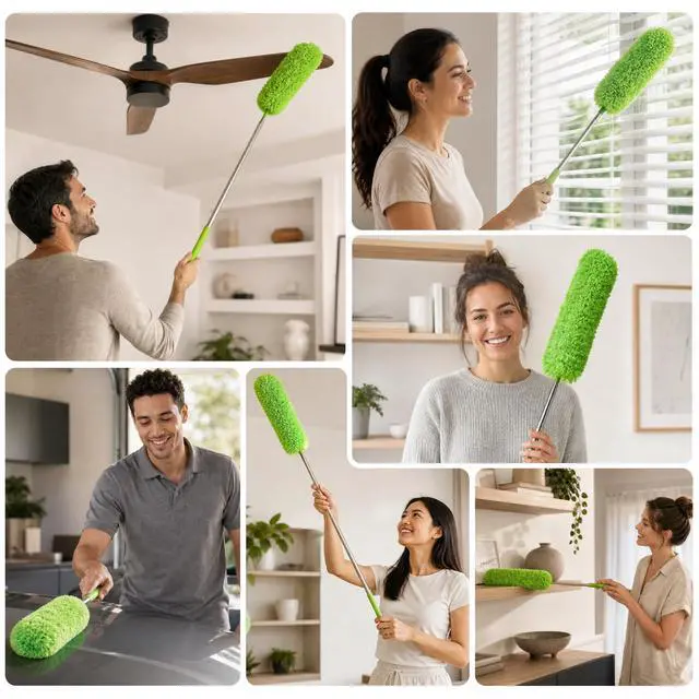 Alt view image 7 of 7 - Extendable Microfiber Feather Duster, Feather Dusters for Cleaning, Ceiling Fan Dust and Cobweb Cleaner - Electrostatic Bendable Head - up to 100 Inch