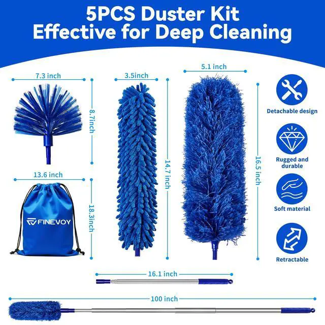 Alt view image 2 of 7 - Dusters for Cleaning, Duster with Extension Pole 5 in 1 Kit, Cobweb Duster, Long Dusters for High Ceilings, Microfiber Dusters for Ceiling Fan, Blinds and Furniture