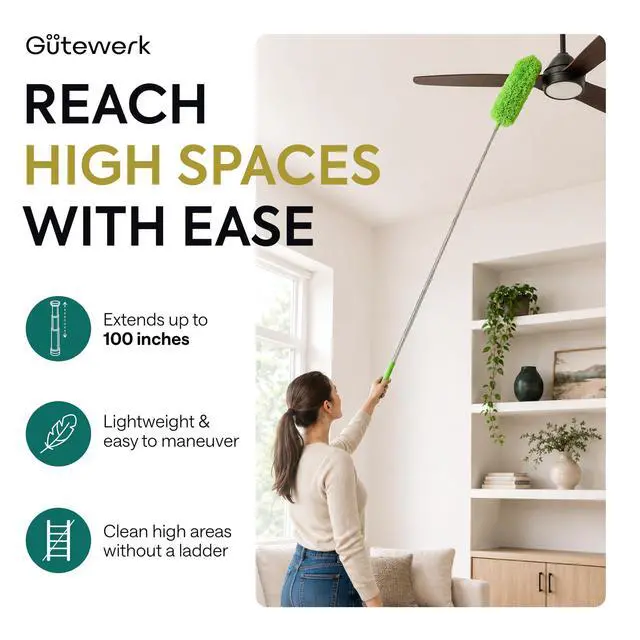 Alt view image 2 of 7 - Extendable Microfiber Feather Duster, Feather Dusters for Cleaning, Ceiling Fan Dust and Cobweb Cleaner - Electrostatic Bendable Head - up to 100 Inch