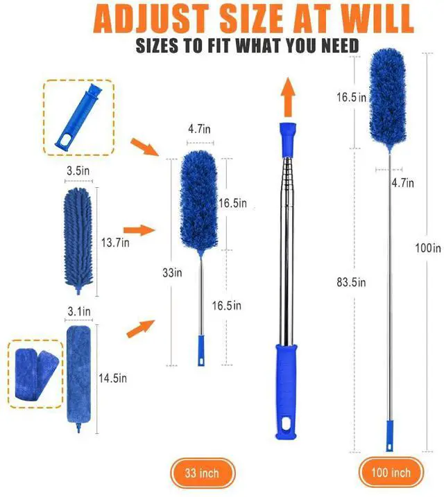 Alt view image 2 of 6 - Professional Microfiber Feather Dusters for Cleaning, 6PCS Extendable Bendable Dusters with 100" Telescopic Pole, Washable & Reusable Cleaning Kit for Ceiling Fans, Blinds, Hard-to-Reach Areas (Blue)
