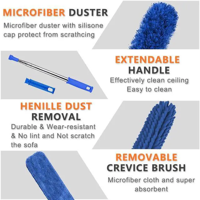Alt view image 3 of 6 - Professional Microfiber Feather Dusters for Cleaning, 6PCS Extendable Bendable Dusters with 100" Telescopic Pole, Washable & Reusable Cleaning Kit for Ceiling Fans, Blinds, Hard-to-Reach Areas (Blue)