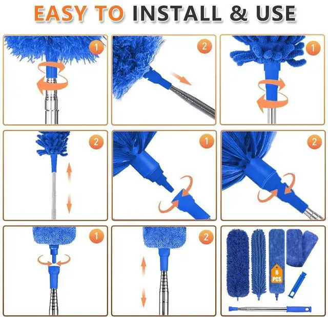 Alt view image 4 of 6 - Professional Microfiber Feather Dusters for Cleaning, 6PCS Extendable Bendable Dusters with 100" Telescopic Pole, Washable & Reusable Cleaning Kit for Ceiling Fans, Blinds, Hard-to-Reach Areas (Blue)