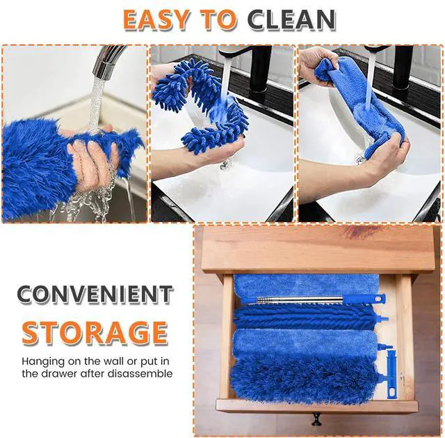 Alt view image 5 of 6 - Professional Microfiber Feather Dusters for Cleaning, 6PCS Extendable Bendable Dusters with 100" Telescopic Pole, Washable & Reusable Cleaning Kit for Ceiling Fans, Blinds, Hard-to-Reach Areas (Blue)