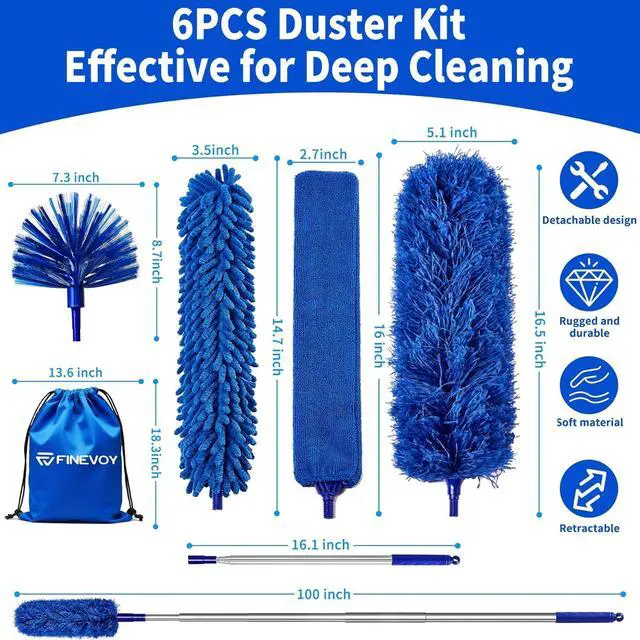 Alt view image 2 of 7 - Dusters 6-in-1 Kit, Duster with Extension Pole 100 Inches, Dusters for Cleaning, Cobweb Duster, Microfiber Feather Gap Duster Cleaner for Fans, Blinds, Cars and Furniture