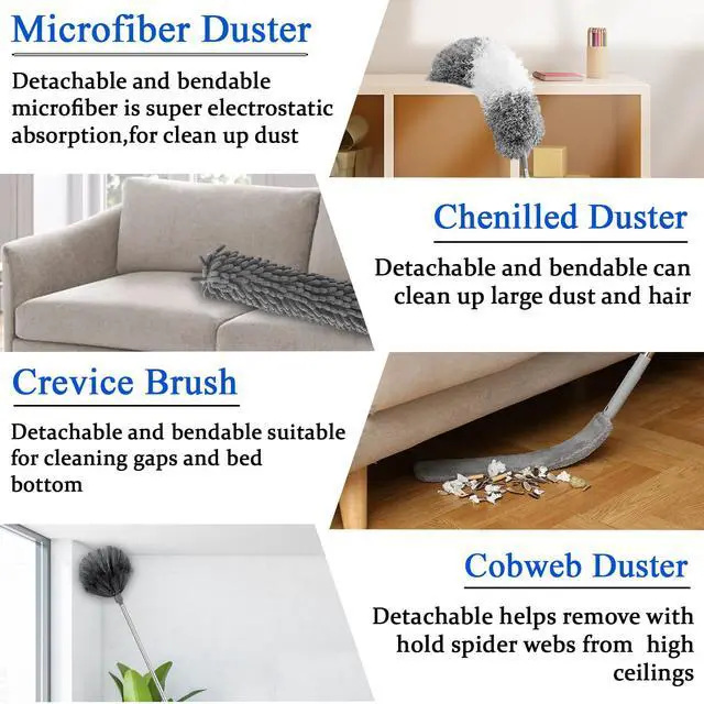 Alt view image 3 of 7 - Dusters for Cleaning,9Pcs Feather Duster with Extension Pole Up to 100'',Bendable Extendable Long Feather Duster for Cleaning Fan,High Ceiling,Blinds,Furniture,Cars