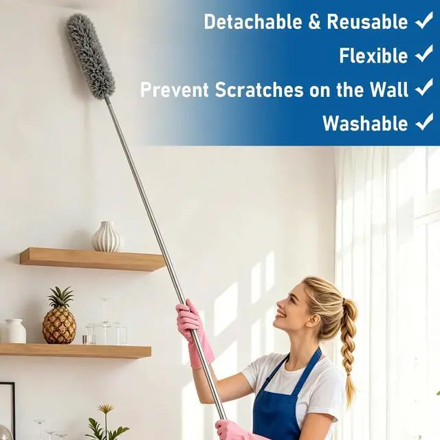 Alt view image 3 of 7 - Microfiber Feather Duster 6-in-1 Kit | Extendable Duster with 100" Pole | Washable Long Handle Duster Set for High Ceilings, Fans, Blinds