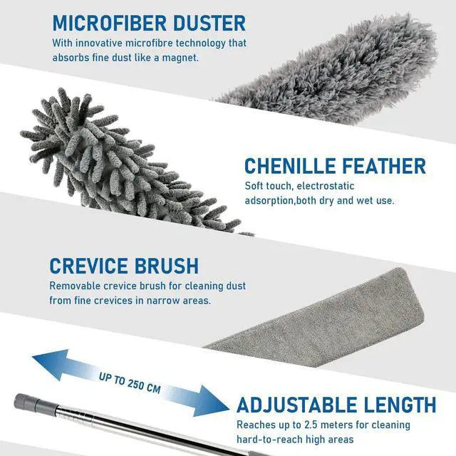 Alt view image 7 of 7 - Microfiber Feather Duster 6-in-1 Kit | Extendable Duster with 100" Pole | Washable Long Handle Duster Set for High Ceilings, Fans, Blinds