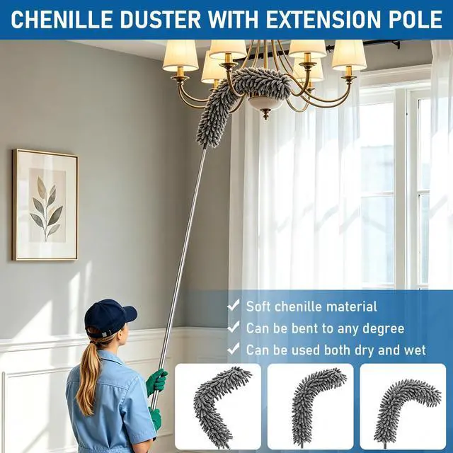 Alt view image 5 of 7 - Microfiber Feather Duster 6-in-1 Kit | Extendable Duster with 100" Pole | Washable Long Handle Duster Set for High Ceilings, Fans, Blinds
