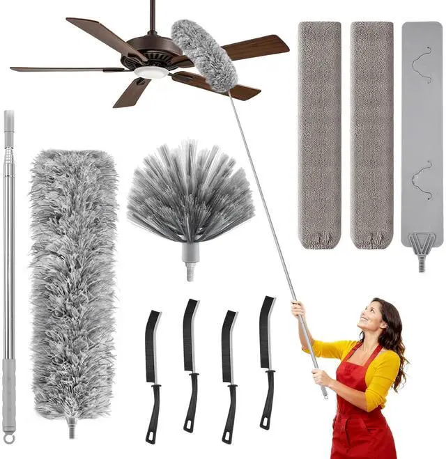 Main image of 100-inch Duster with Extension Pole, 9-in-1 Cobweb Duster Kit Includes Spider Web Brush & Flat Gap Cleaner for High Ceiling, Fan, Under Appliances, Car, Home Deep Cleaning