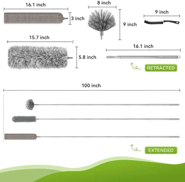 Alt view image 4 of 7 - 100-inch Duster with Extension Pole, 9-in-1 Cobweb Duster Kit Includes Spider Web Brush & Flat Gap Cleaner for High Ceiling, Fan, Under Appliances, Car, Home Deep Cleaning