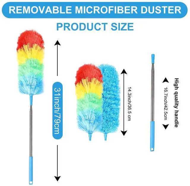 Alt view image 2 of 7 - Rainbow Extendable Static Duster Reusable Microfiber Duster with 100" Telescoping Pole, Beandable and Washable Dusters Head for Cleaning Ceiling, Fan, Furniture