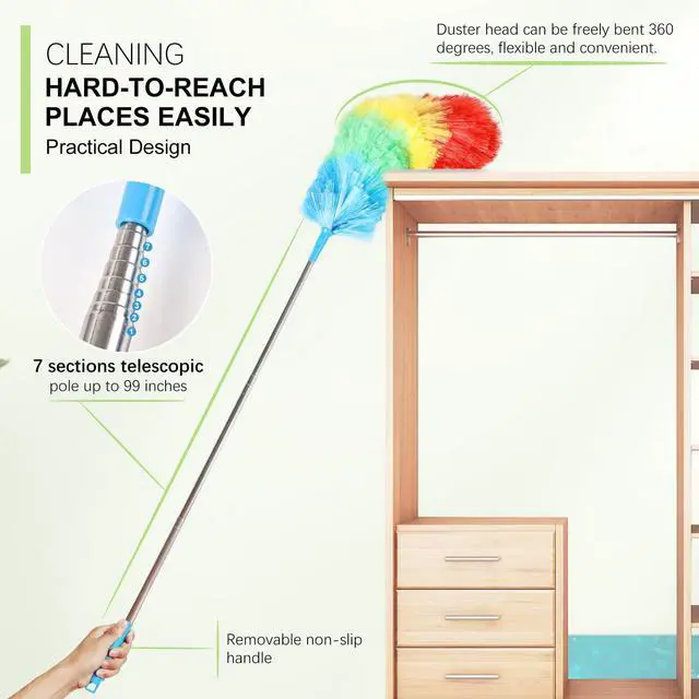 Alt view image 3 of 7 - Rainbow Extendable Static Duster Reusable Microfiber Duster with 100" Telescoping Pole, Beandable and Washable Dusters Head for Cleaning Ceiling, Fan, Furniture