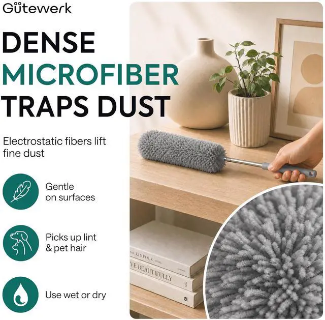 Alt view image 2 of 7 - Extendable Feather Duster, Microfiber Duster, Ceiling Fan Duster, Feather Dusters for Cleaning, Dust Cleaner, Cobweb Duster - Electrostatic Bendable Head - up to 55 Inch