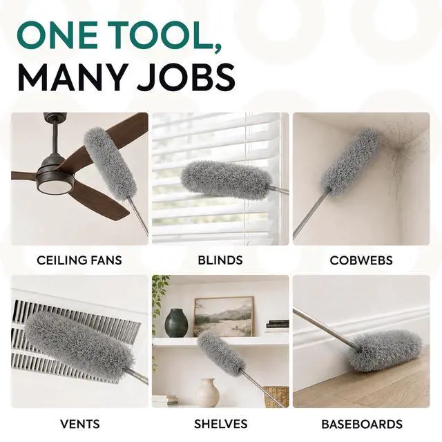 Alt view image 5 of 7 - Extendable Feather Duster, Microfiber Duster, Ceiling Fan Duster, Feather Dusters for Cleaning, Dust Cleaner, Cobweb Duster - Electrostatic Bendable Head - up to 55 Inch