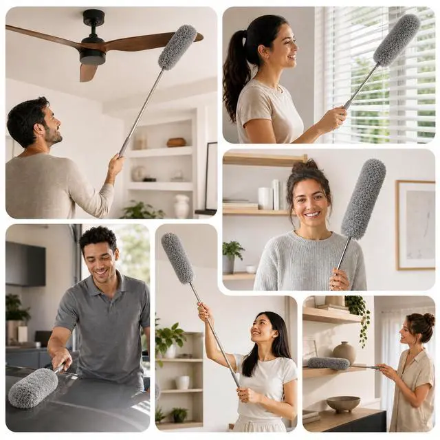 Alt view image 7 of 7 - Extendable Feather Duster, Microfiber Duster, Ceiling Fan Duster, Feather Dusters for Cleaning, Dust Cleaner, Cobweb Duster - Electrostatic Bendable Head - up to 55 Inch