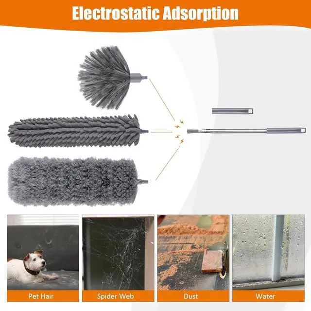 Alt view image 3 of 7 - 4 Pcs Microfiber Cobweb Duster with 100-inch Extendable Pole, Washable and Reusable Feather Cleaning Duster Kit with 3 Duster Heads,Dusters for Cleaning with Telescopic Pole for High Ceiling Fan