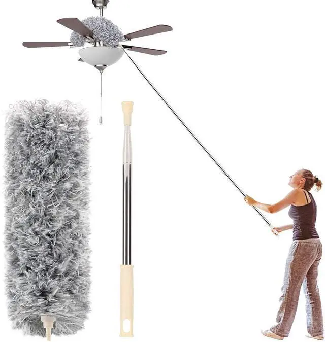 Main image of Microfiber Duster with Extension Pole(Stainless Steel) 30 to 100'', with Bendable Head, Extendable Long Duster for Cleaning Ceiling Fan, High Ceiling, Keyboard, Furniture Cars Gray